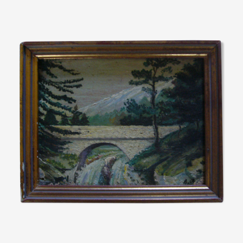 Tableau ancien peint à l'huile sur panneau en bois " petit pont"