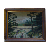 Ancient painting in oil on wooden panel "small bridge"