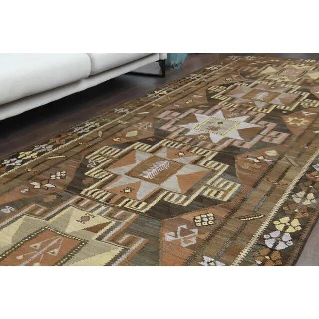 1970s Vintage Turkish Hand-Knotted Wool Cotton Brown Runner Rug 150x390
