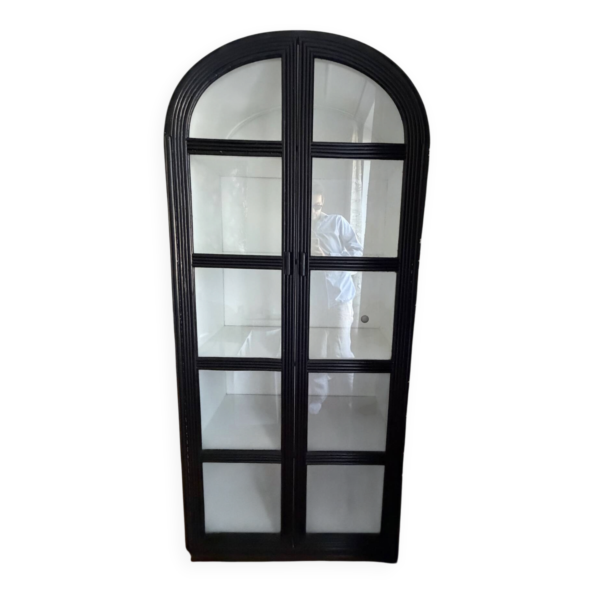 Black woven wood display cabinet