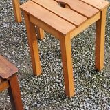 Set of 4 vintage stools in solid beech with slats