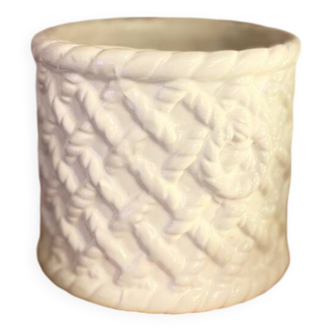 Cache pot en faïence blanc tressé