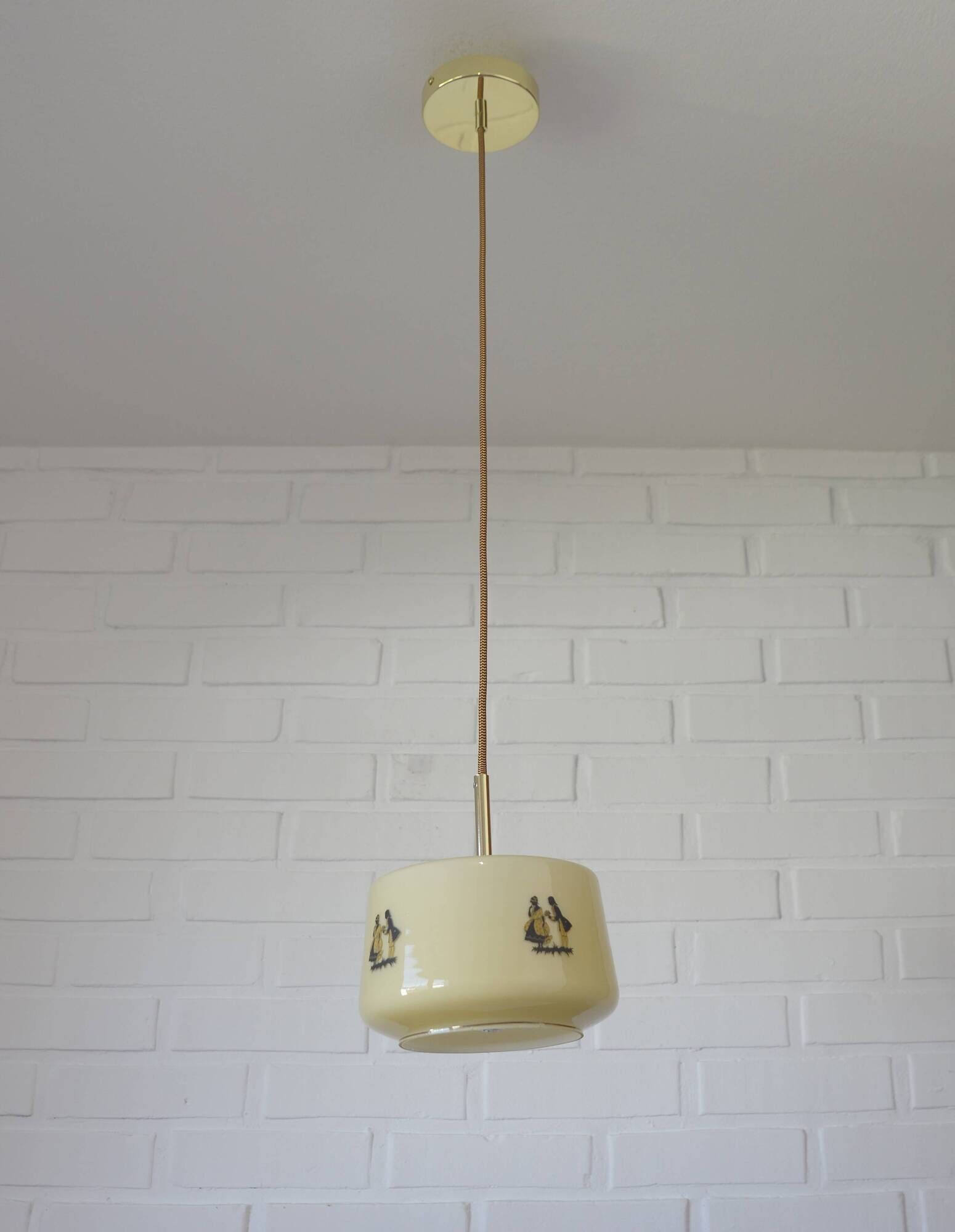 1950s Yugoslav Vintage Pendant Light,  Restored Caramel Opaline Glass Lamp