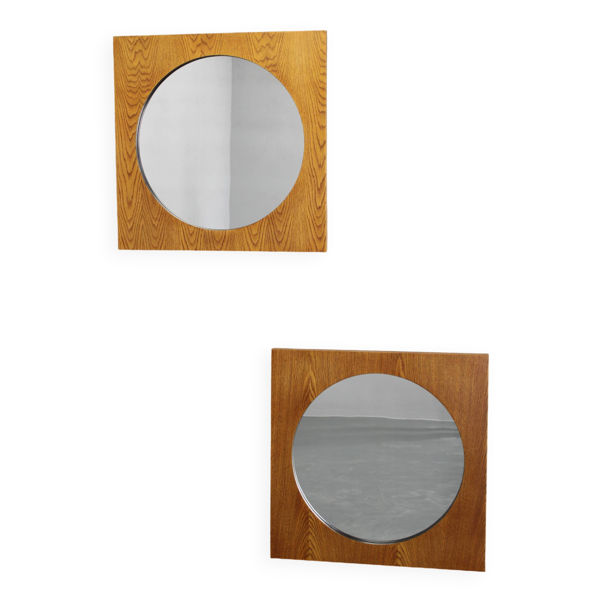 1970s Pair of Oak Large Square Mirrors, Czechoslovakia