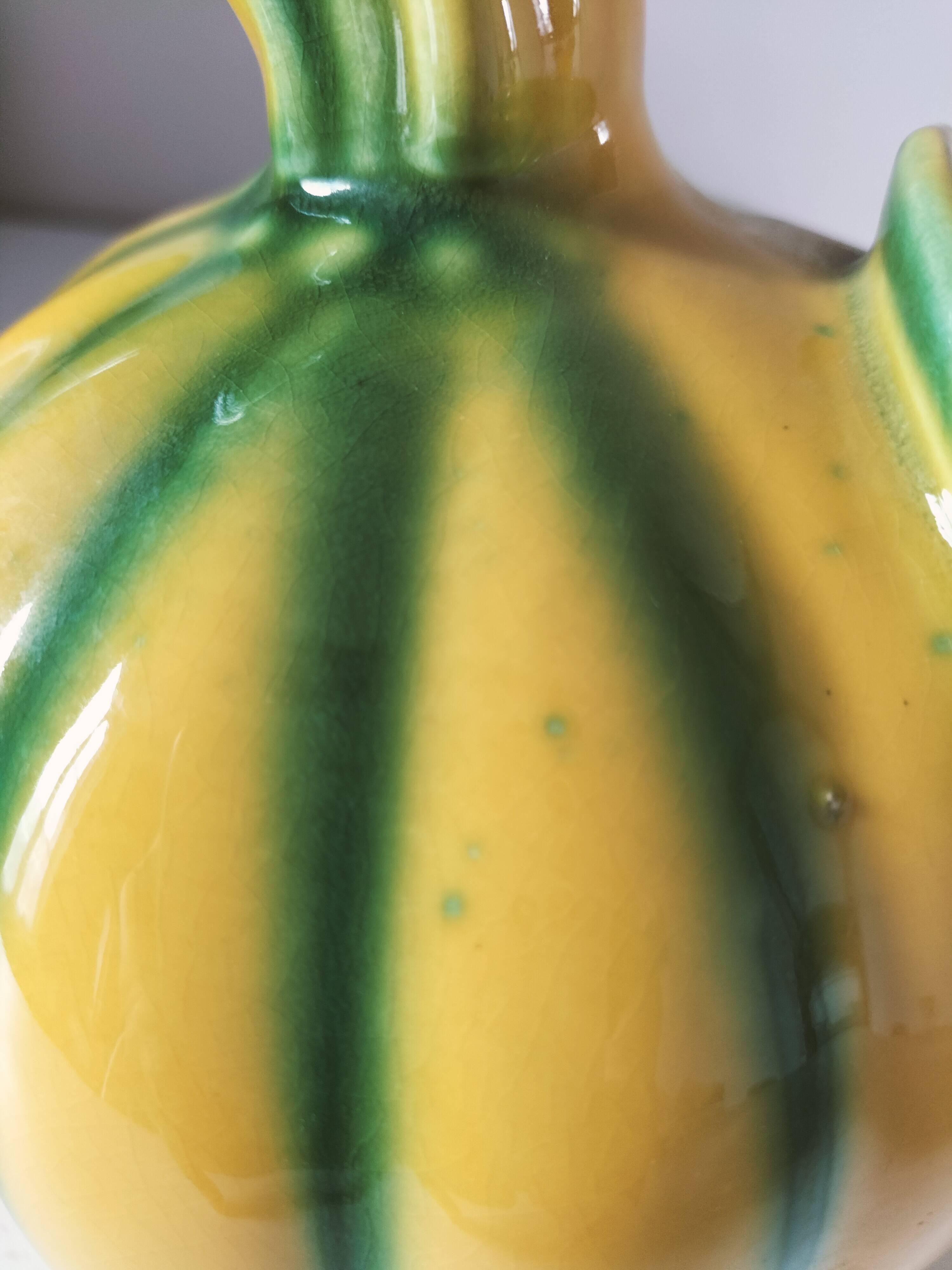 Vintage yellow and green earthenware melon-shaped pitcher – 1950s