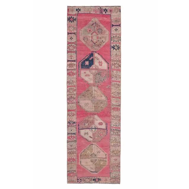 Vintage Turkish Hand-Knotted Wool Cotton Pink Runner Rug 100x335