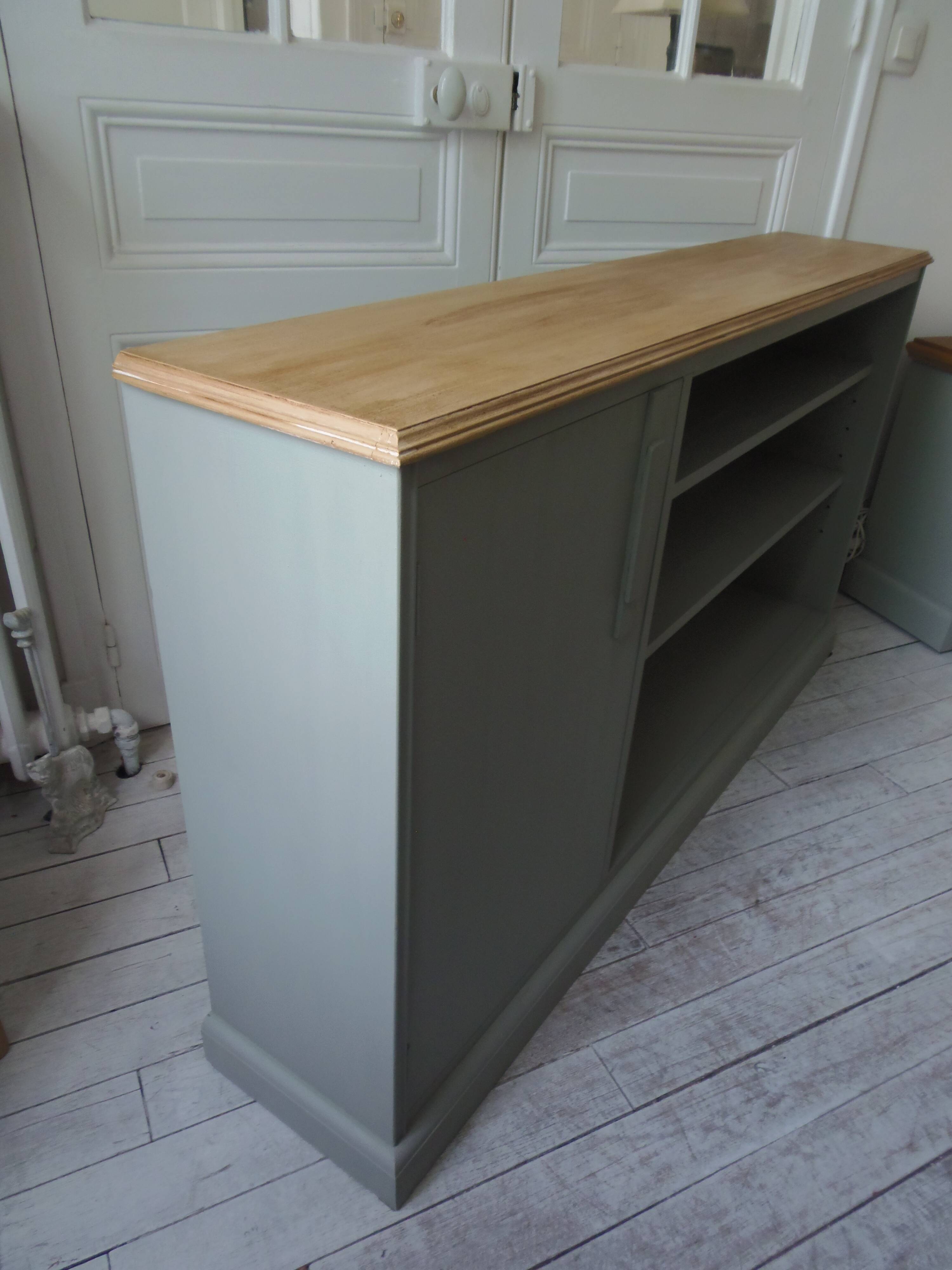 Furniture, vintage bookcase re-enchanted in verdigris, wooden top.