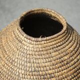 Large old basket, burgundy straw and bramble, woven basket