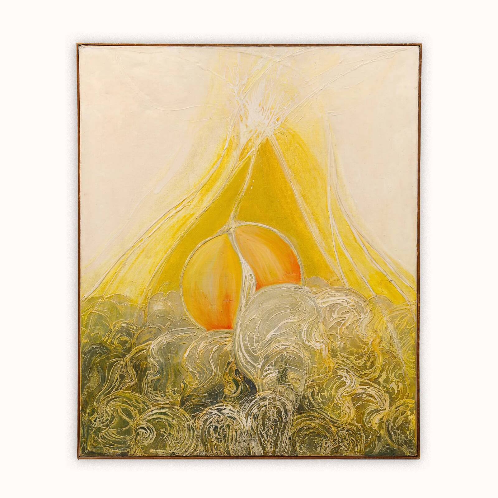 Vibrant mid-century oil painting Mount Fuji at sunset