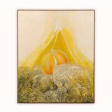 Vibrant mid-century oil painting Mount Fuji at sunset