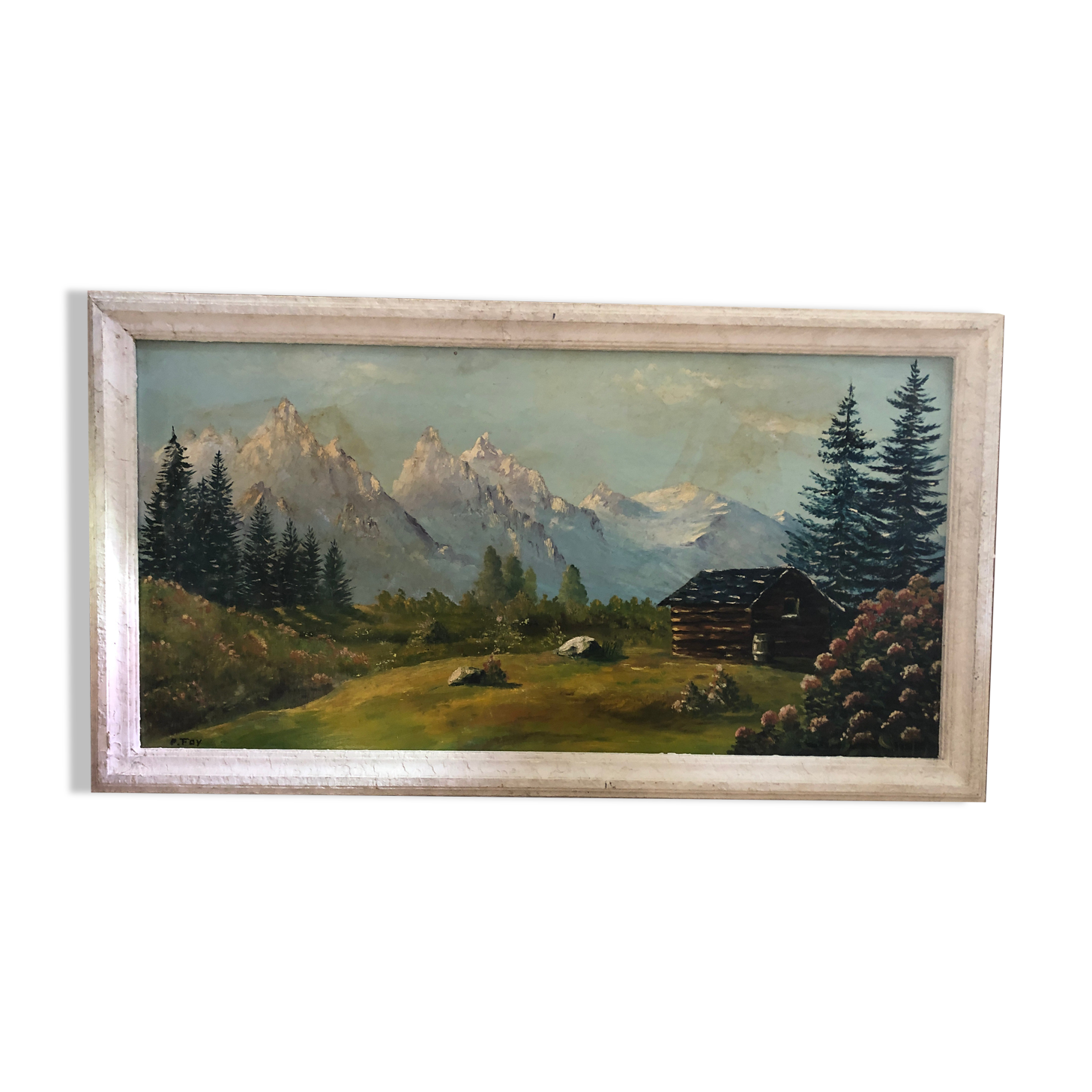 Old painting oil on panel p. FOY Mountain view + Frame Wood Vintage White