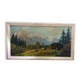 Old painting oil on panel p. FOY Mountain view + Frame Wood Vintage White