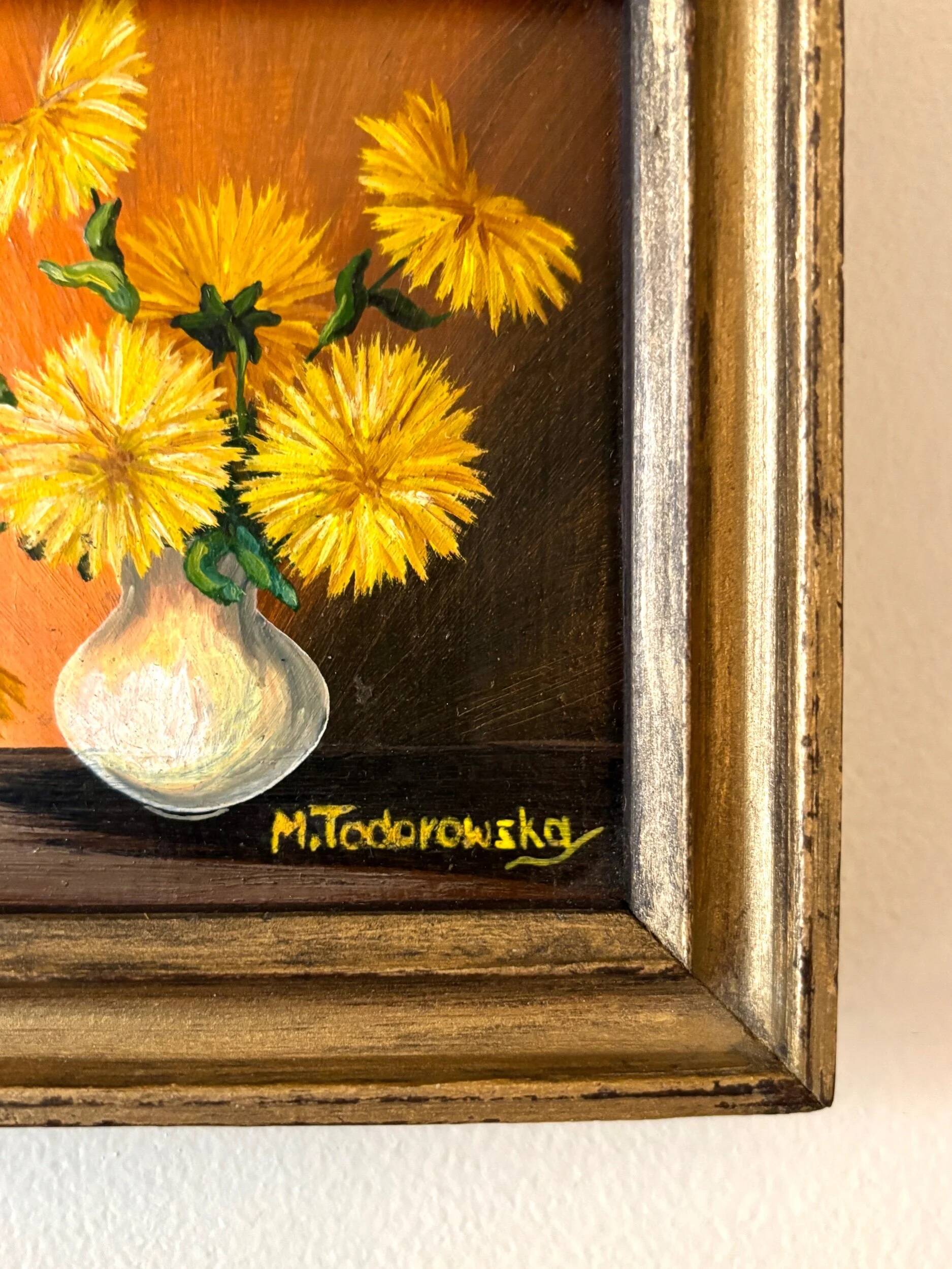 Framed painting on wood - yellow flowers