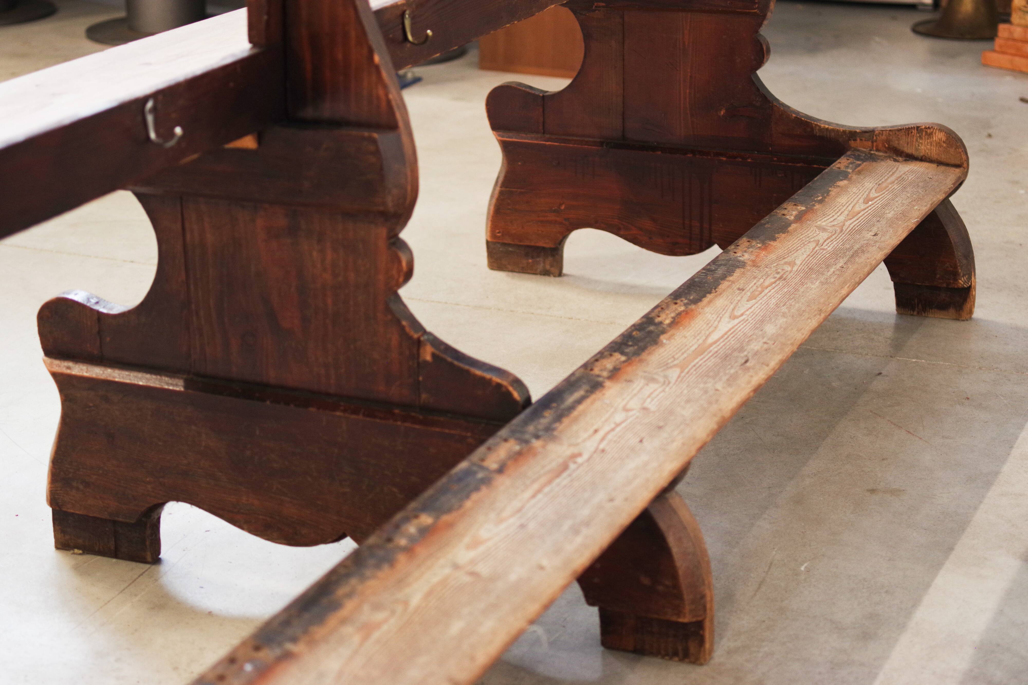 Antique Gothic Church Benches, Late 1800s – Set of 4 Pine Wood Pew Benches
