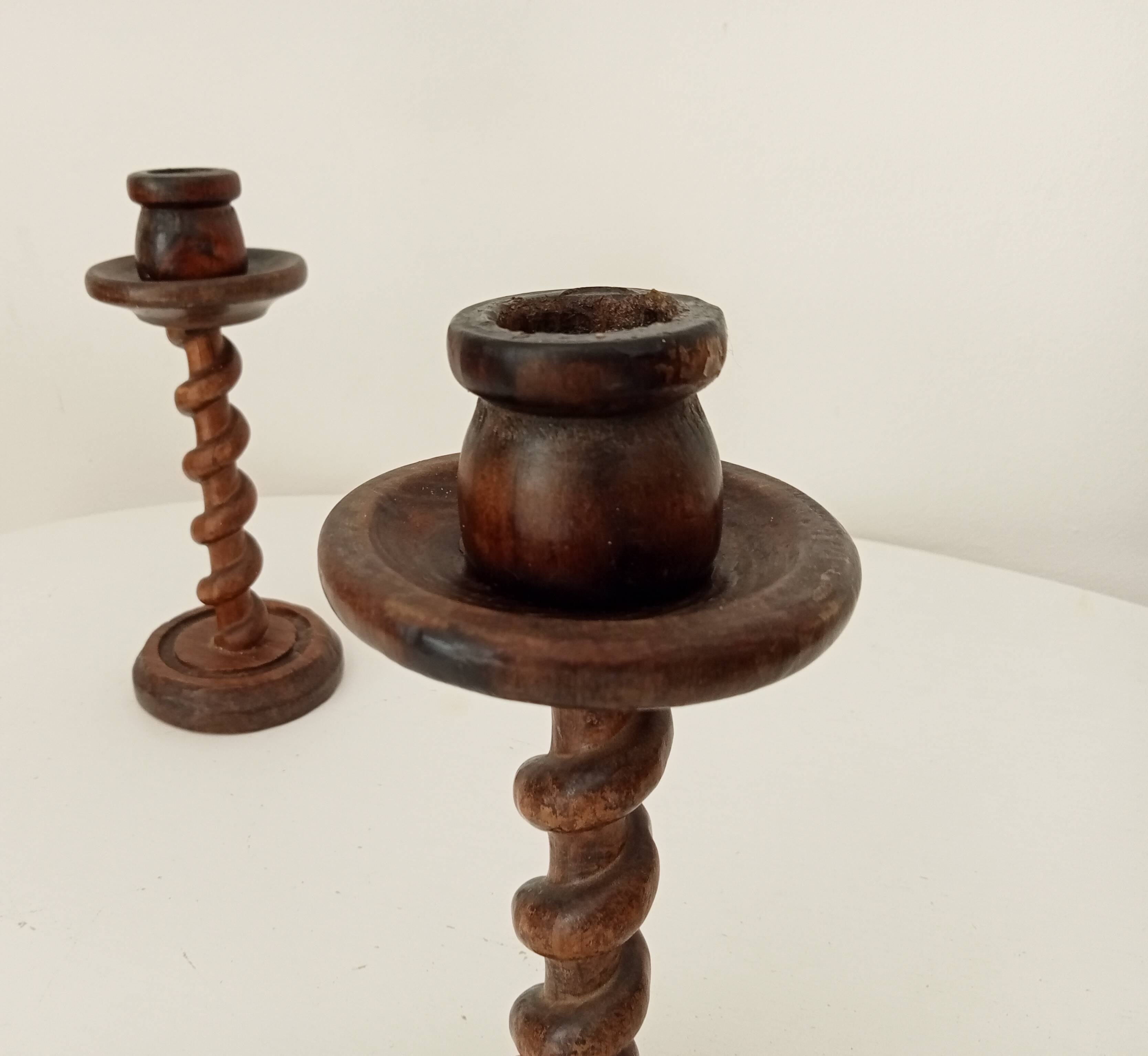 Vintage folk art turned wood candle holder