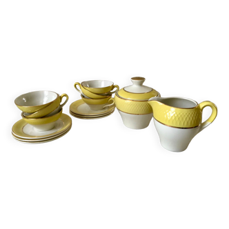 coffee set 6 cups, milk jug and sugar bowl Moulin des Loups textured yellow 50s