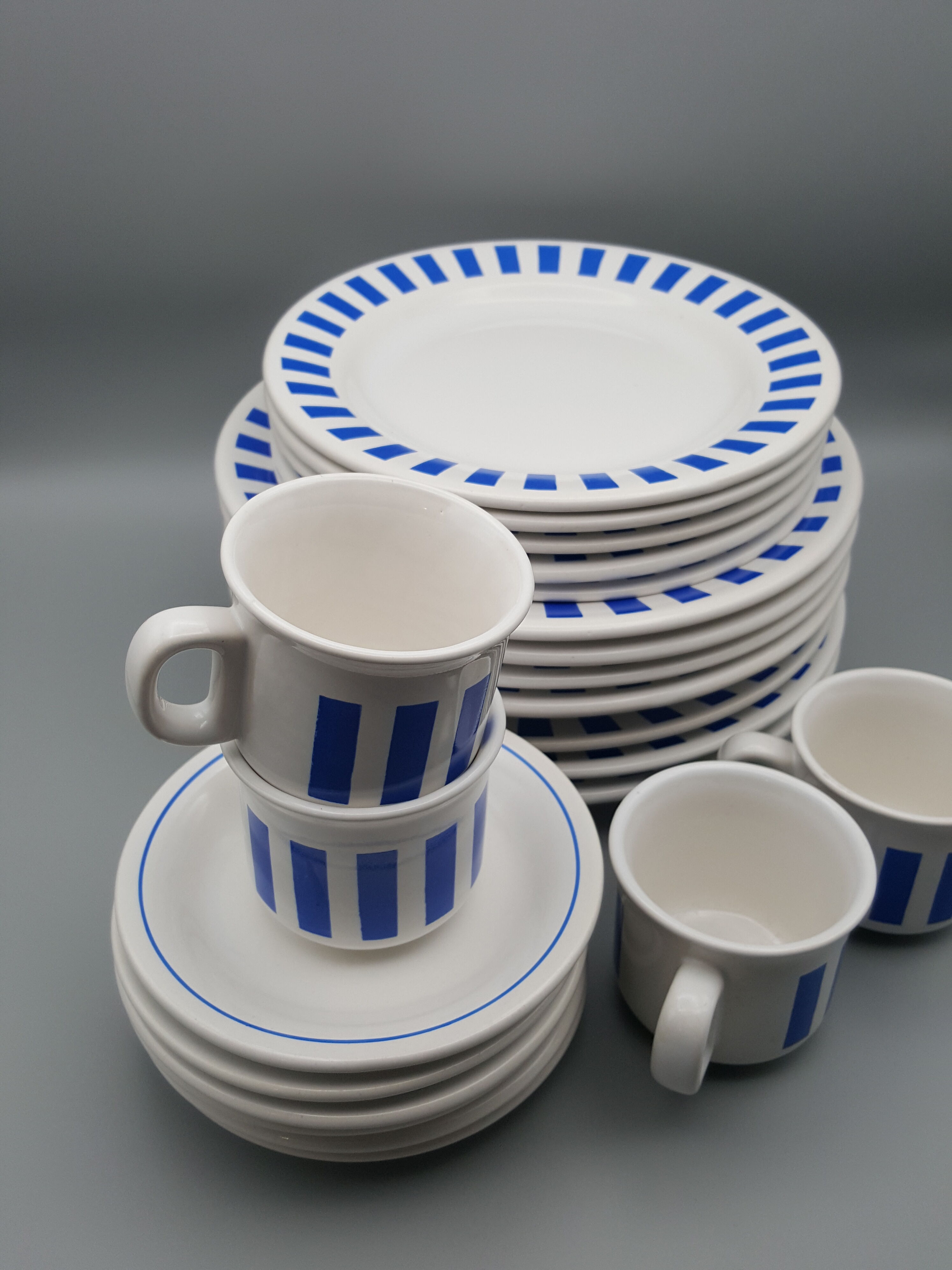 Plates saucers cups vintage white blue line hotesse ceramic
