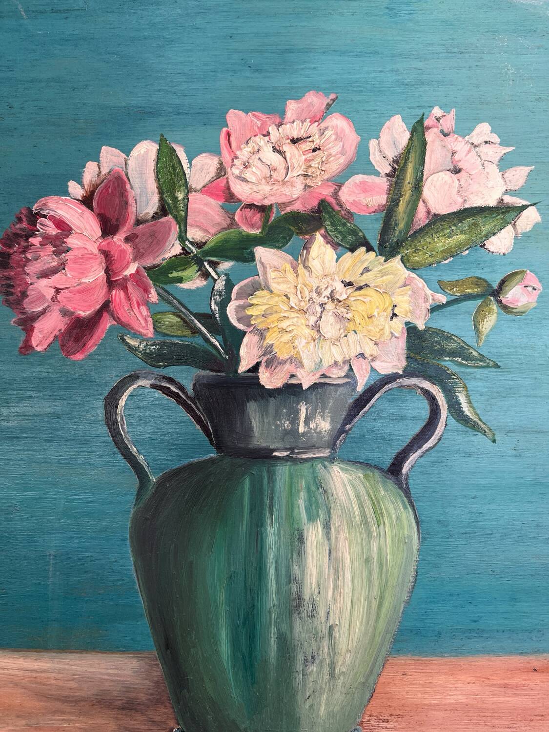Antique painting, oil on panel, bouquet of peonies