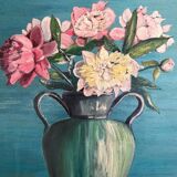 Antique painting, oil on panel, bouquet of peonies