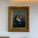 Tableau Ancien Fleur Cadre Doré XIX Huile Toile