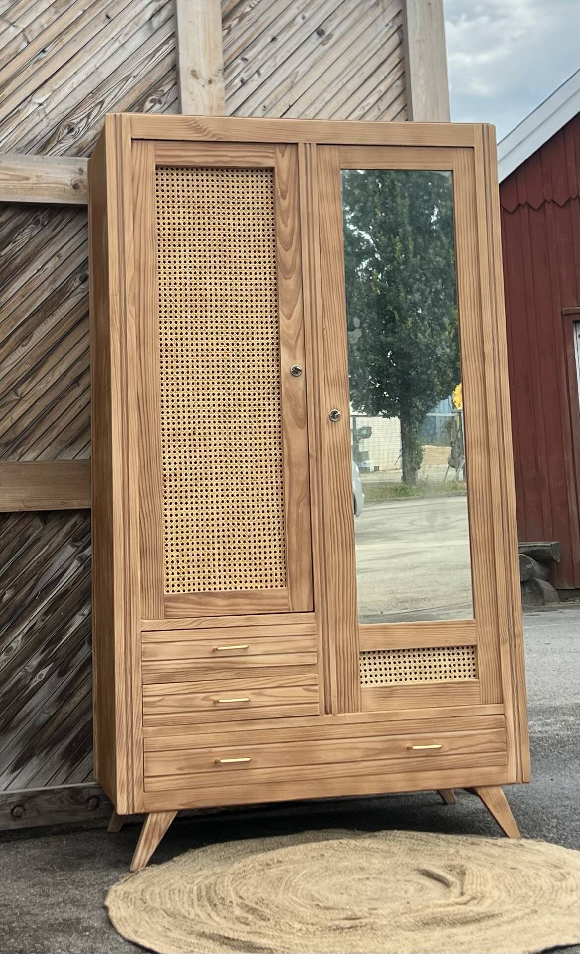 Vintage antique wardrobe in raw wood and cane: hanging space + shelves