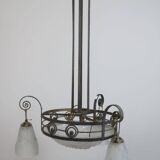 Art Deco chandelier signed Degué – wrought iron and moulded glass