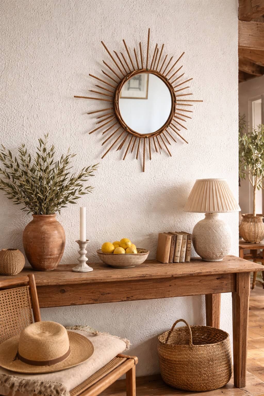 Vintage 1960s sun mirror made of rattan - 55 cm