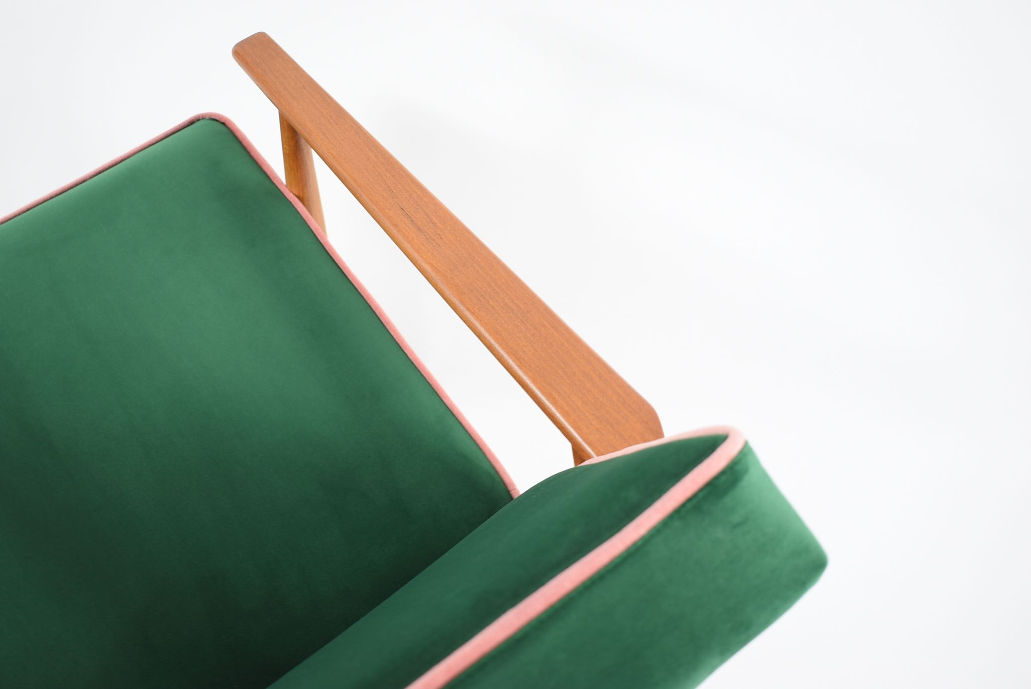Vintage armchair, fully renovated, 1970s, green bottle velvet, pink edge