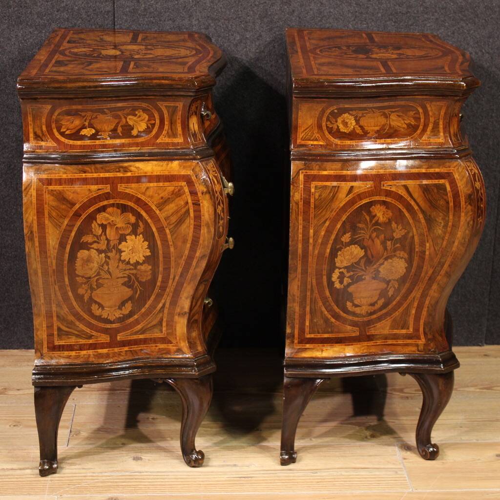Pair of Louis XV style inlaid Lombard bedside tables