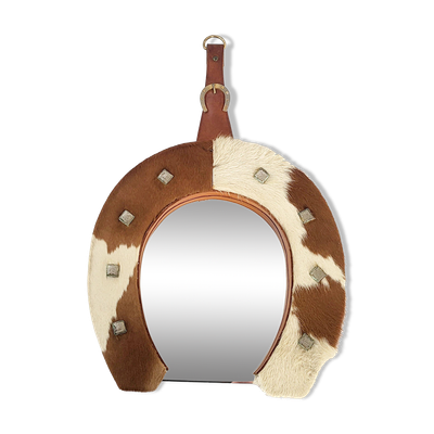 Miroir fer à cheval en peau de vache 1970 vintage