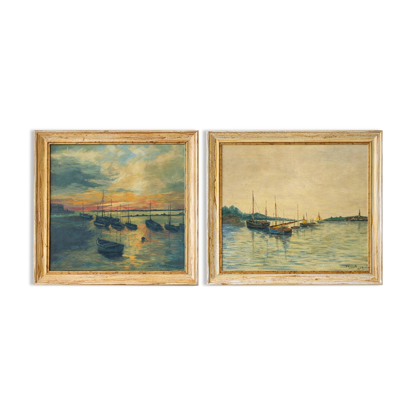 Pair of marine paintings signed Frola, boats, oil on canvas, 20th century.