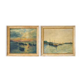 Paire tableaux marines signées Frola bateaux port huile toile XXe