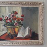 Antique oil painting depicting a still life
