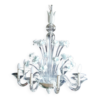 lustre Murano Venise. Verre translucide bordé blanc.