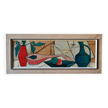 Peinture huile sur toile Nature Morte cubiste années 1950 Huberger