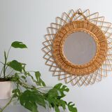Large vintage mirror, round with wicker frame