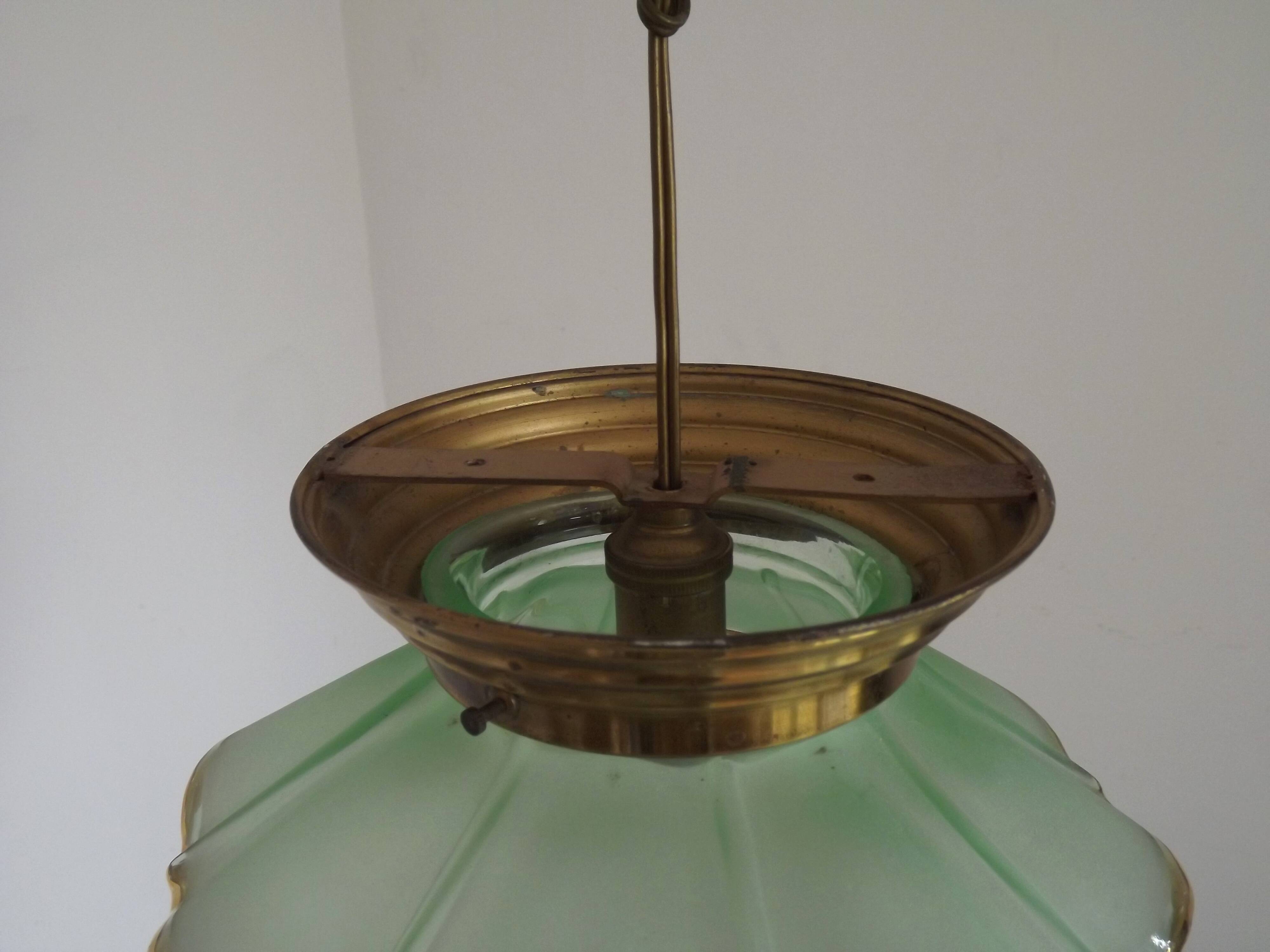 French Vintage Art Deco Glass Ceiling Light Green Frosted & Patterned Glass