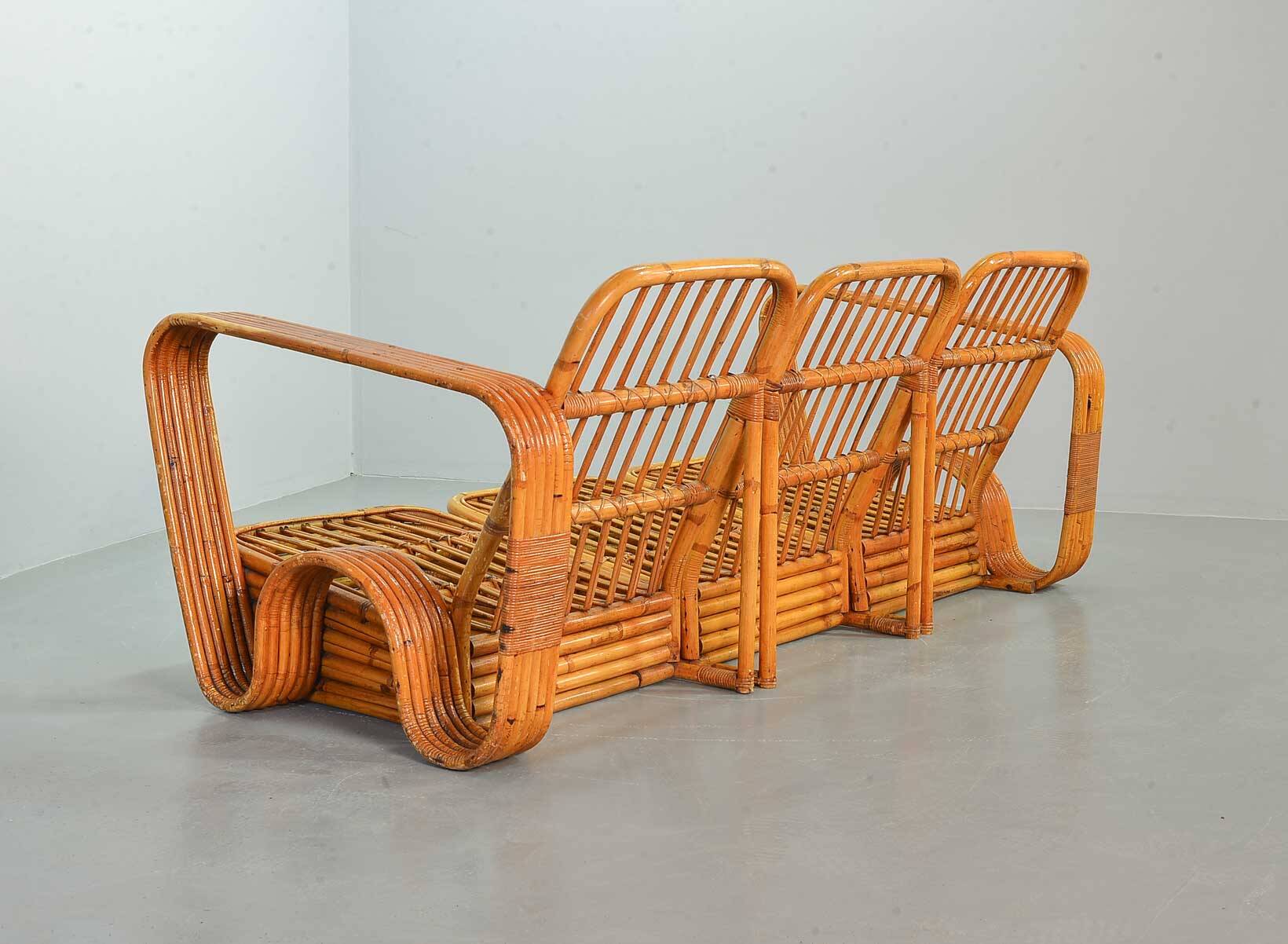 Exclusive Six Strand Rectangular Rattan 3-Seat Sofa after Paul Frankl, 50s