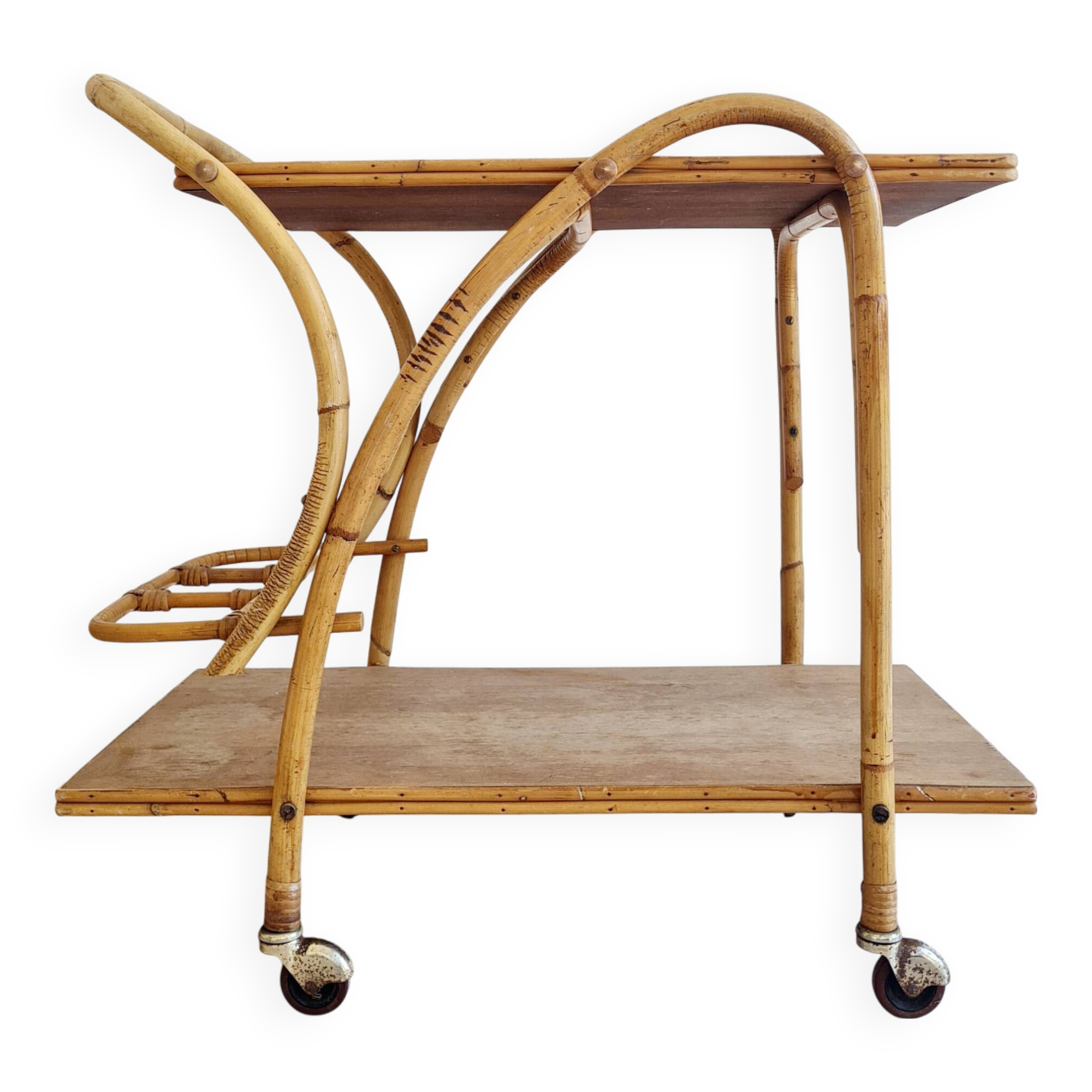 Antique rattan serving trolley with double shelves