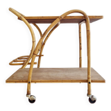 Antique rattan serving trolley with double shelves