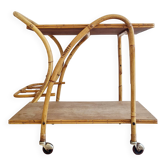 Antique rattan serving trolley with double shelves