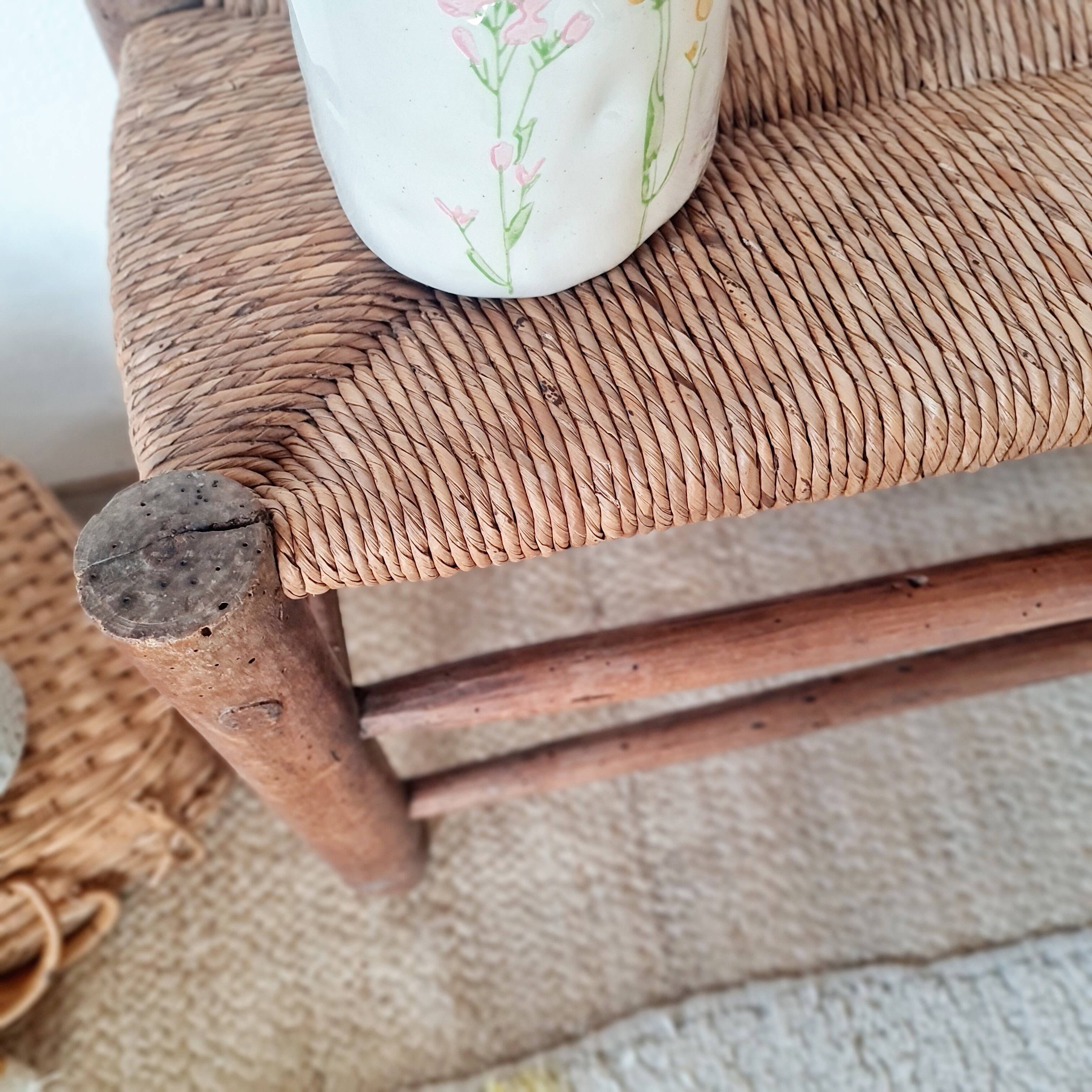 Turned wooden bench and straw - 1950s