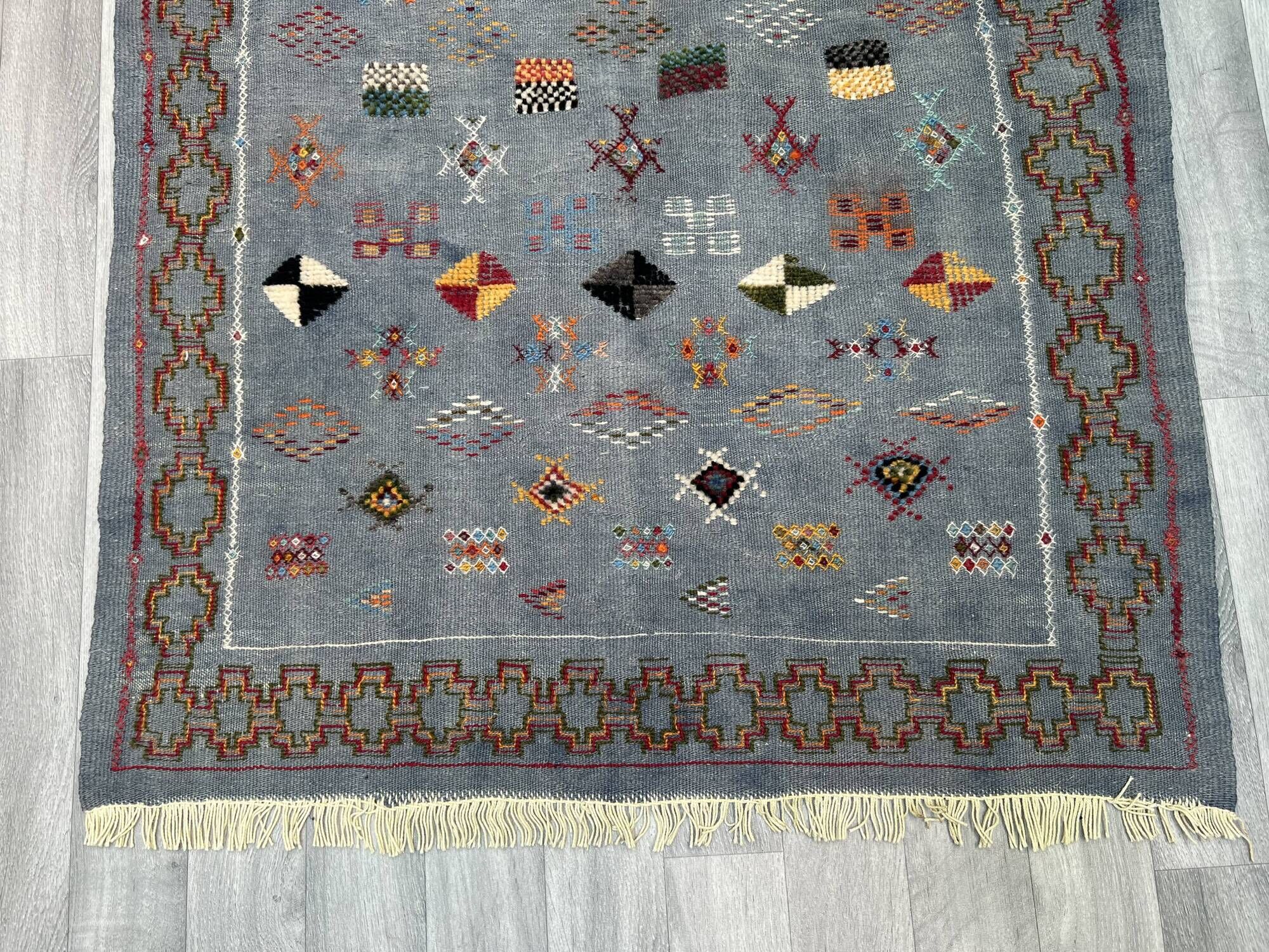 Small Moroccan rug, blue kilim, flat woven rug, interior decoration, free shipping.
