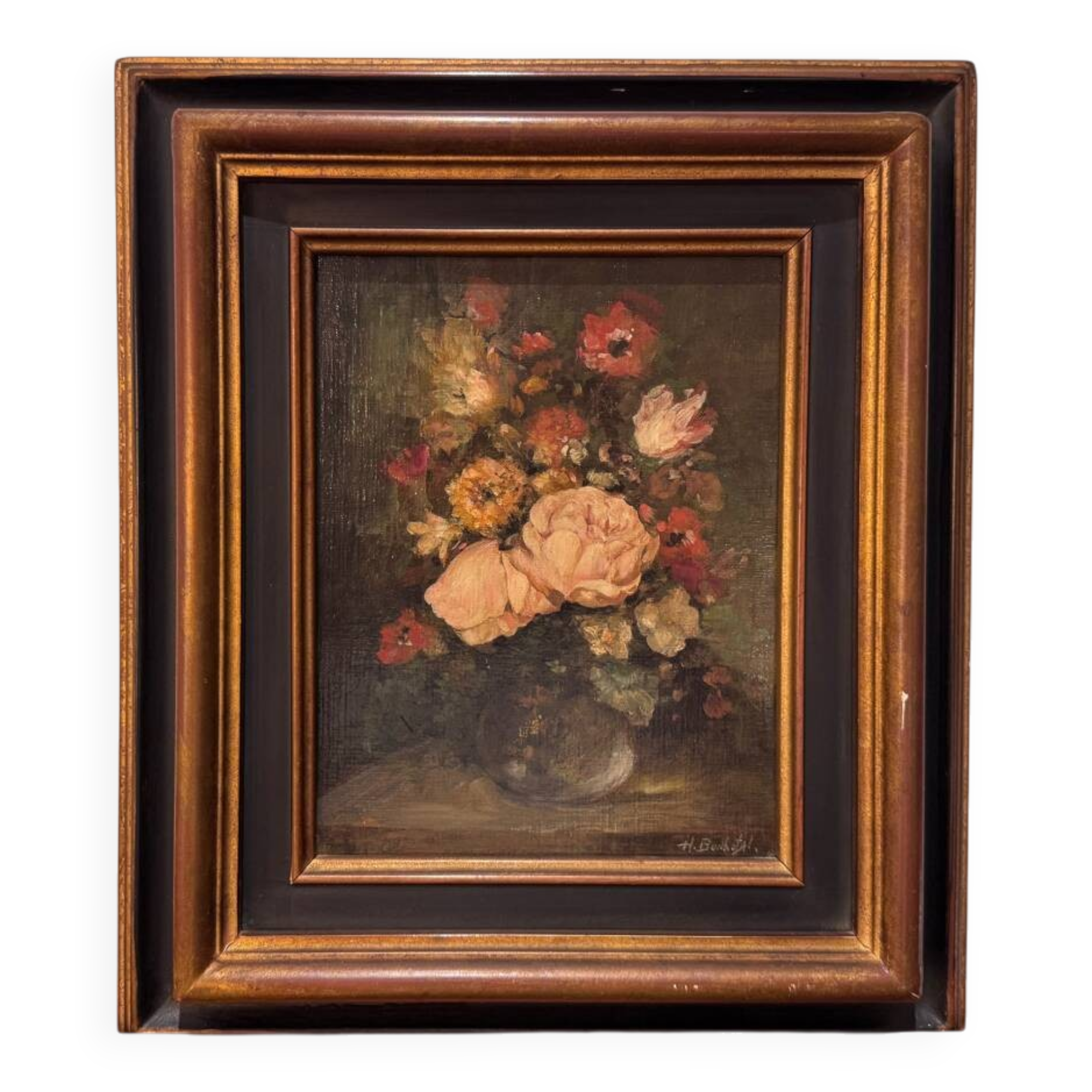 Oil on canvas by henri bonhotal - floral still life