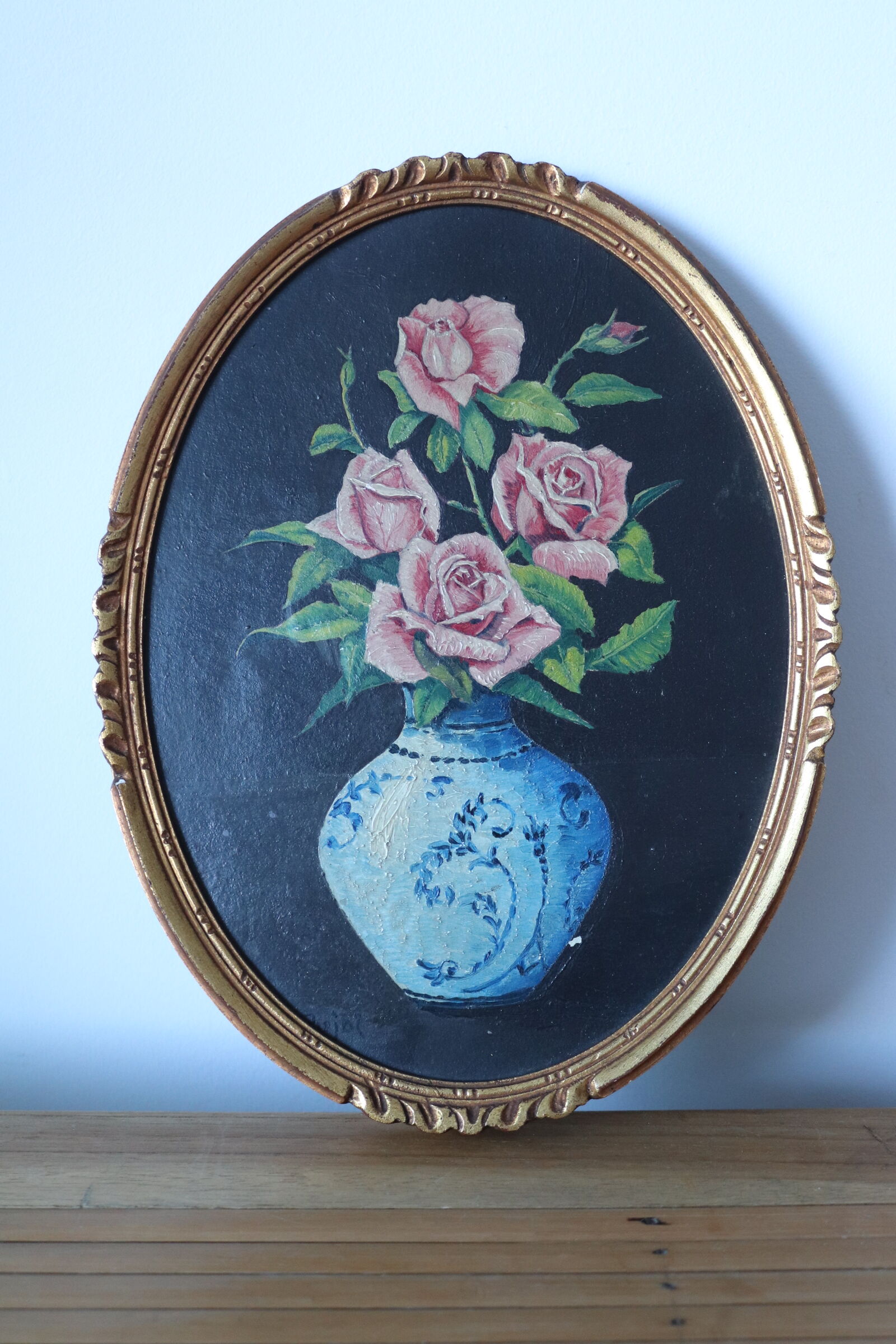Oil on oval panel bouquet of roses