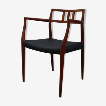 Vintage armchair in teak and black leather - Model 64 - Möller - Denmark '60's