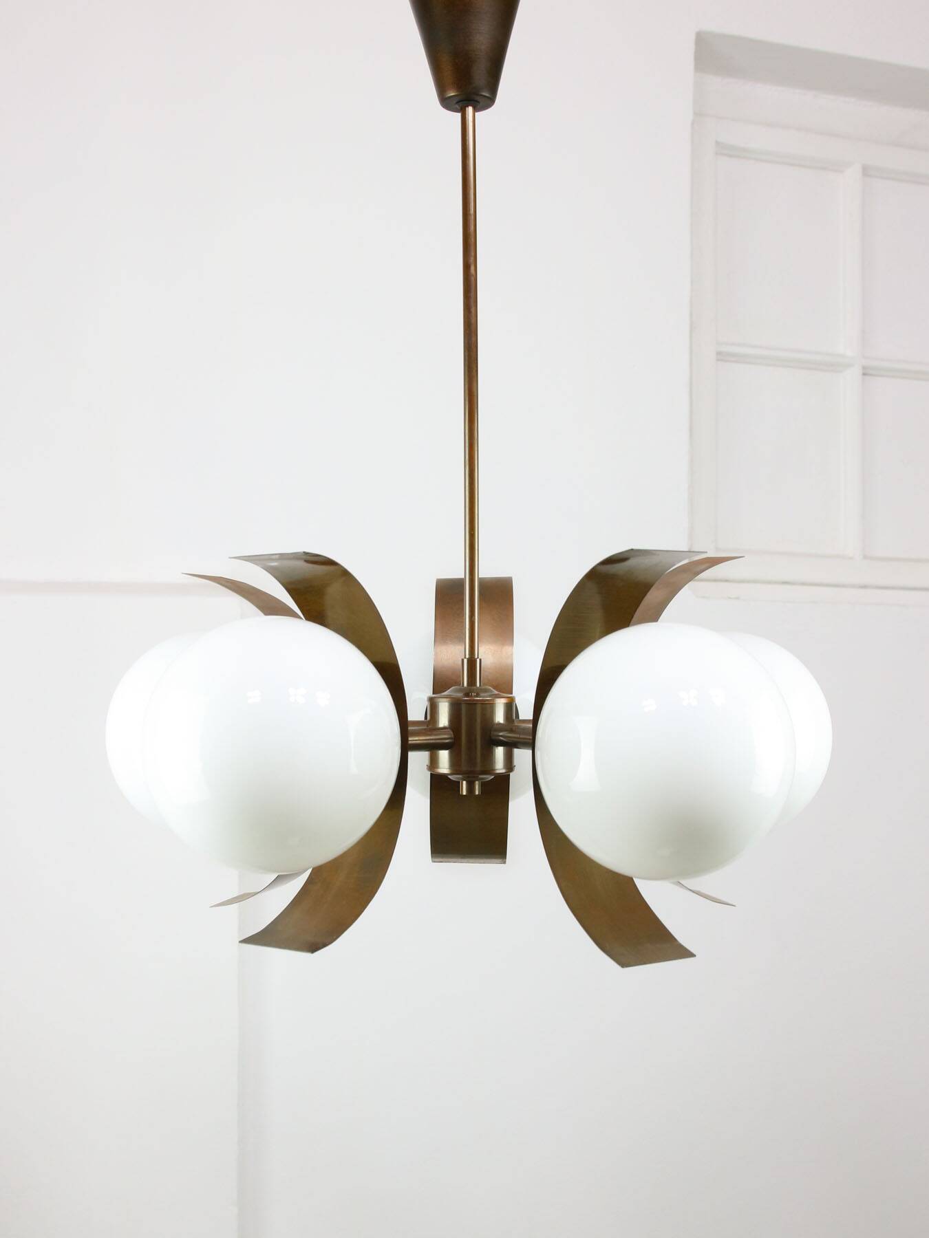 Vintage Italian Copper & Opaline Chandelier, 70s