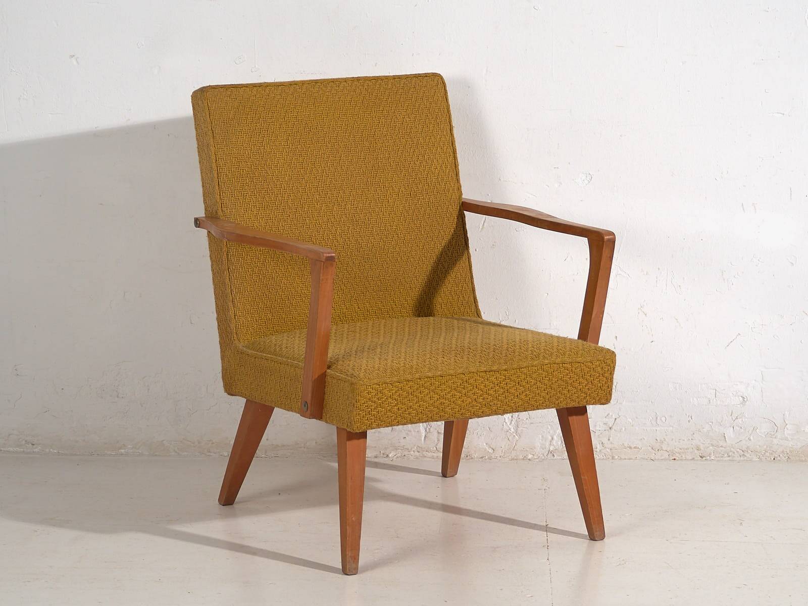 2 armchairs in wood and ochre fabric, 1950