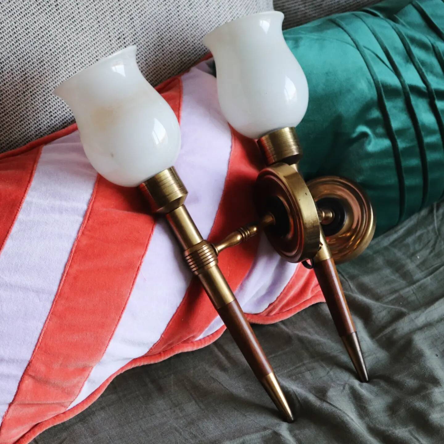 Pair of vintage Lunel house wood and brass wall lights