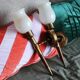 Pair of vintage Lunel house wood and brass wall lights